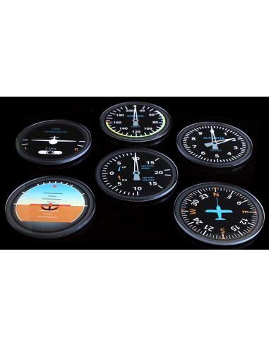 Ensemble de 6 SOUS-VERRES d'INSTRUMENTS DE VOL AVION MODERNES RONDS