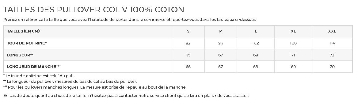 Tailles Pull Over 100 coton col V